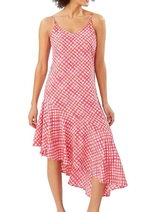 Tommy Bahama Dresses & Skirts - Tommy Bahama Watercolor Gingham Asymmetrical Ruffle Midi Slip Dress Pink XS